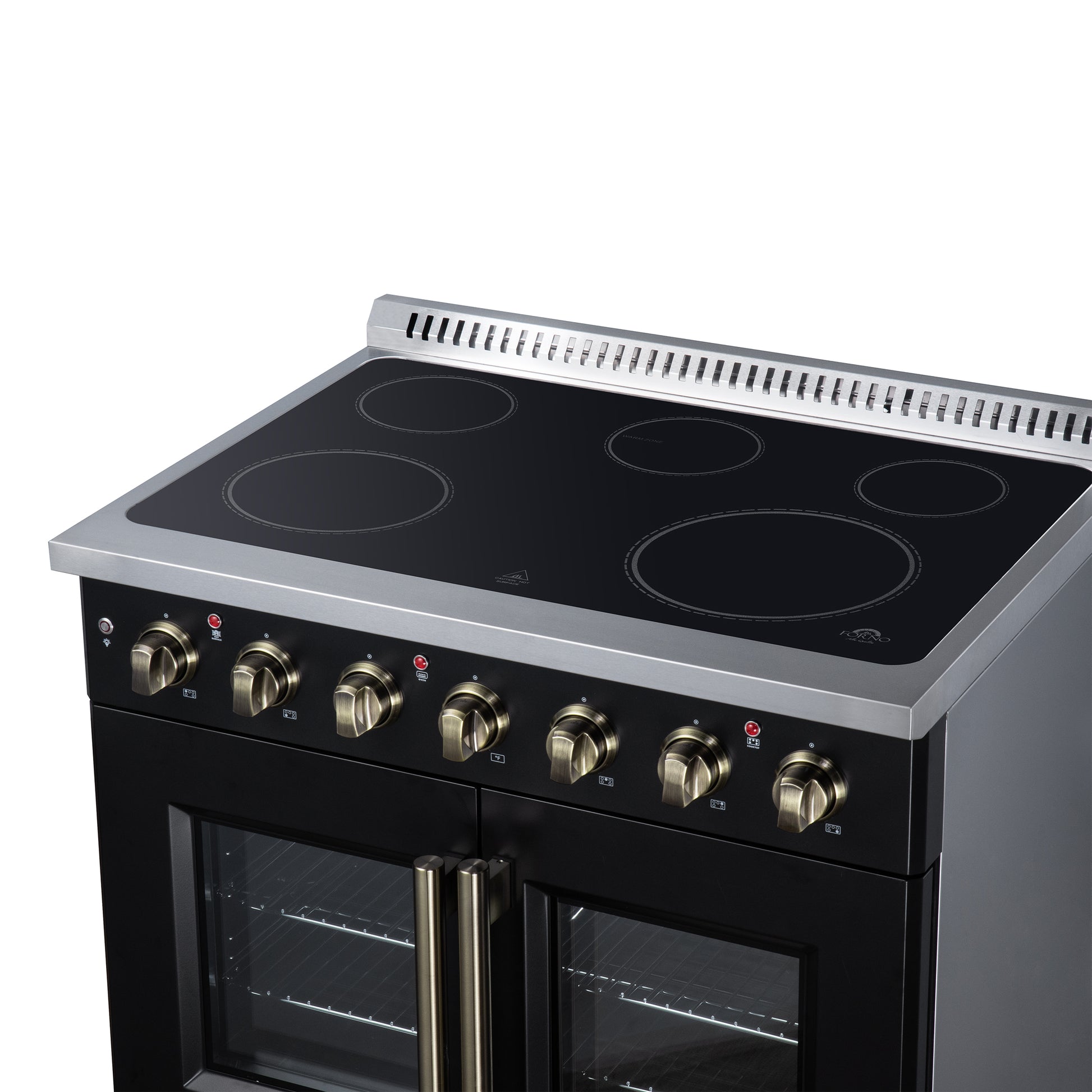 Galiano 36 Inch French Door Electric range, 5 radiant burners, 5.36 cf. True Convection oven, Air fryer kit, Black - Forno Appliances