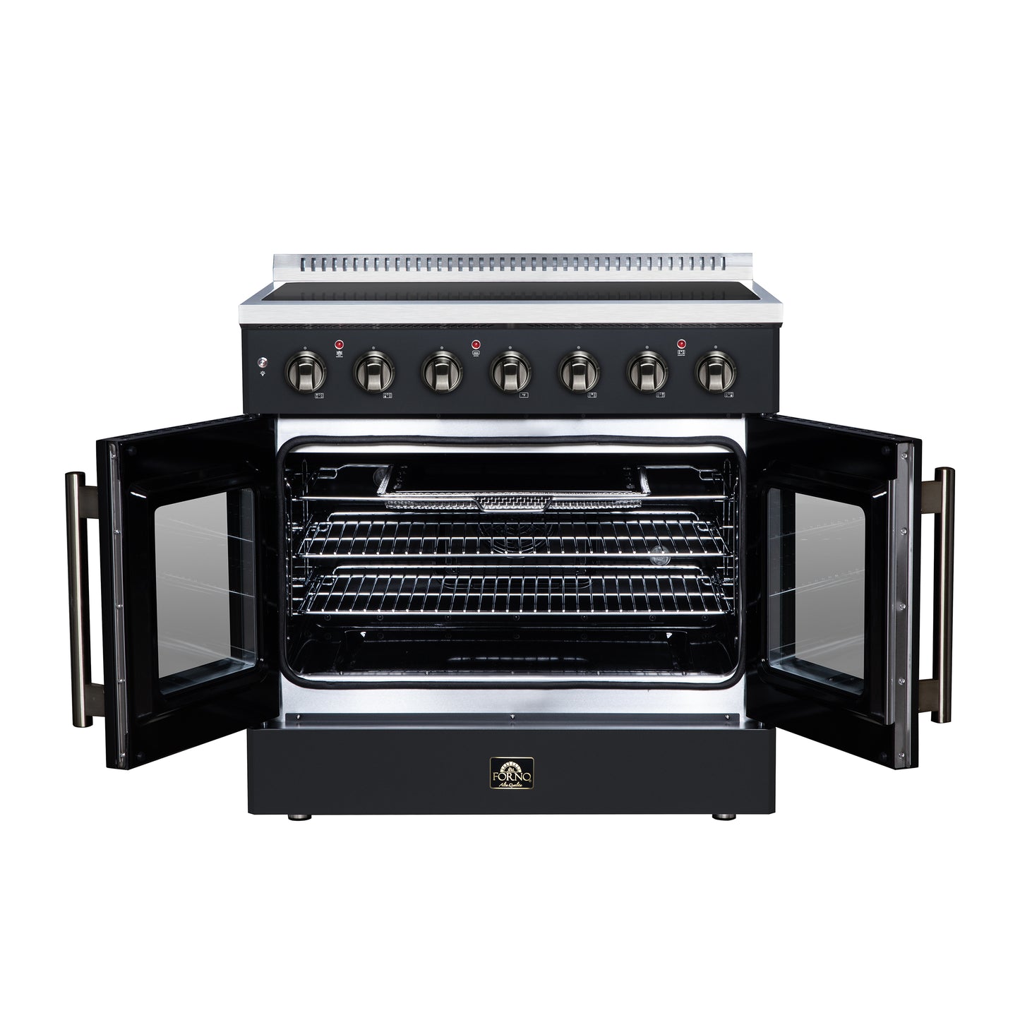 Galiano 36 Inch French Door Electric range, 5 radiant burners, 5.36 cf. True Convection oven, Air fryer kit, Black - Forno Appliances