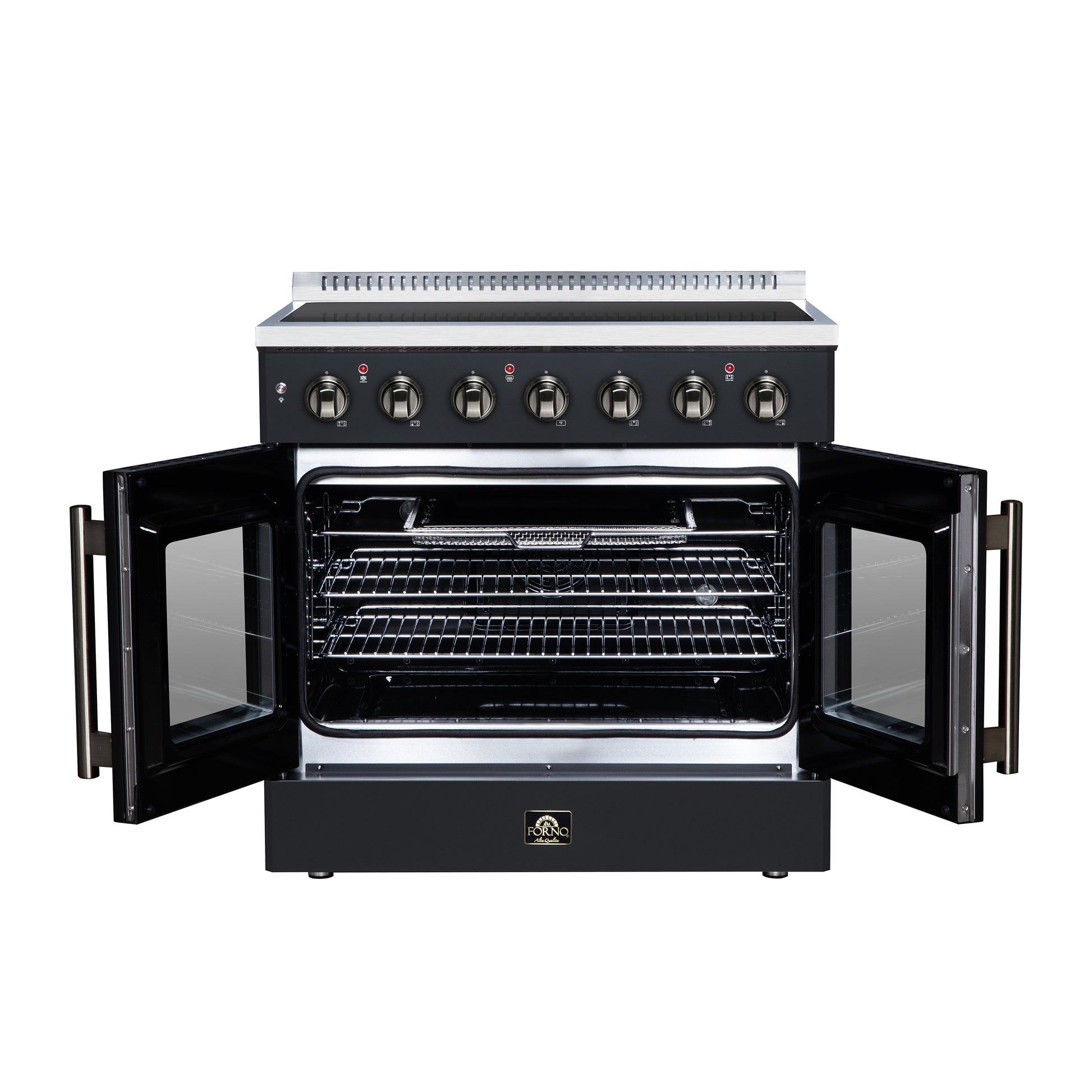 Galiano 36 Inch French Door Electric range, 5 radiant burners, 5.36 cf. True Convection oven, Air fryer kit, Black - Forno Appliances