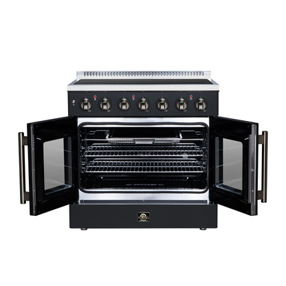 Galiano 36 Inch French Door Electric range, 5 radiant burners, 5.36 cf. True Convection oven, Air fryer kit, Black - Forno Appliances