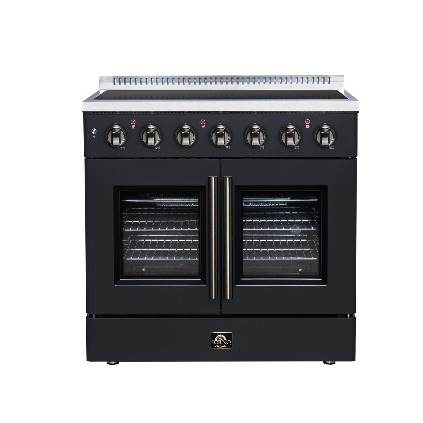 Galiano 36 Inch French Door Electric range, 5 radiant burners, 5.36 cf. True Convection oven, Air fryer kit, Black - Forno Appliances