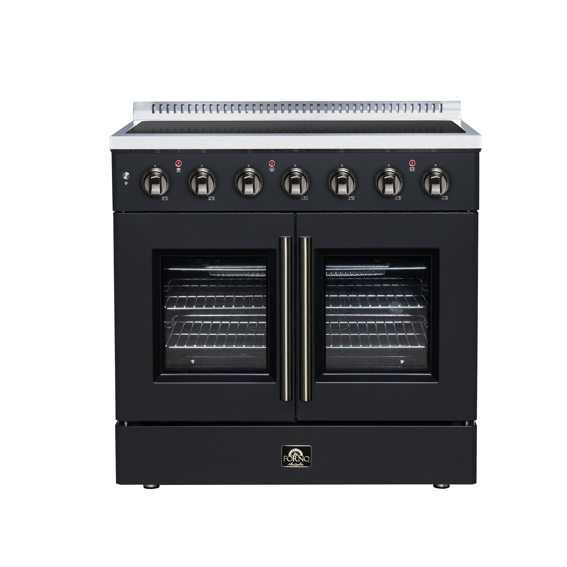 Galiano 36 Inch French Door Electric range, 5 radiant burners, 5.36 cf. True Convection oven, Air fryer kit, Black - Forno Appliances