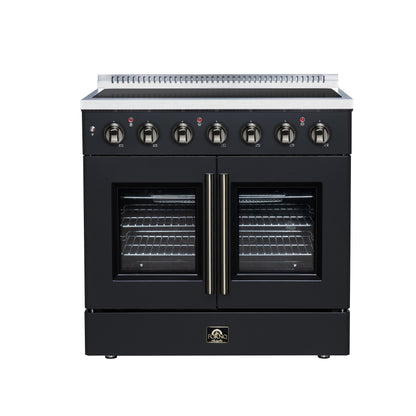Galiano 36 Inch French Door Electric range, 5 radiant burners, 5.36 cf. True Convection oven, Air fryer kit, Black - Forno Appliances