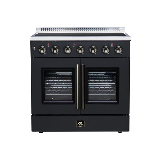 Galiano 36 Inch French Door Electric range, 5 radiant burners, 5.36 cf. True Convection oven, Air fryer kit, Black - Forno Appliances