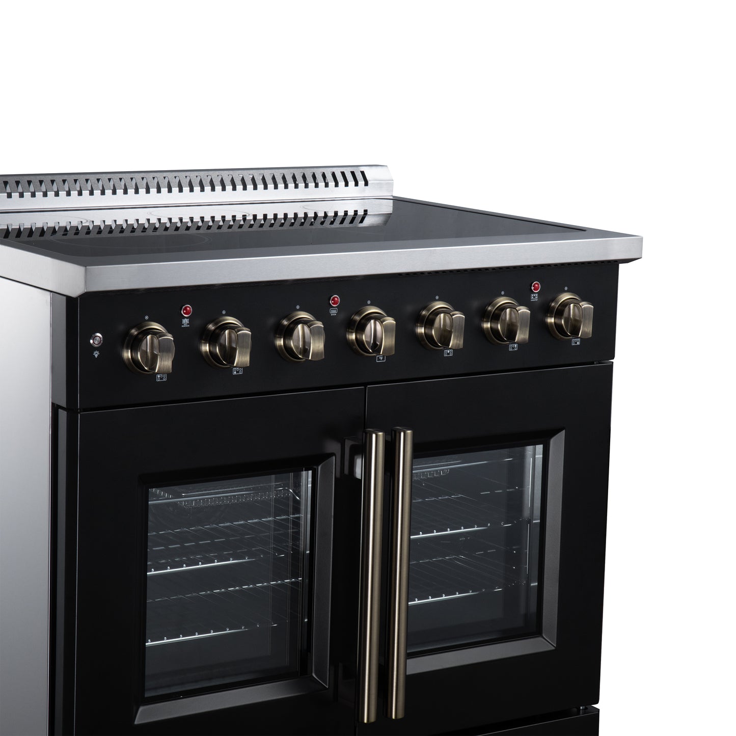 Galiano 36 Inch French Door Electric range, 5 radiant burners, 5.36 cf. True Convection oven, Air fryer kit, Black - Forno Appliances