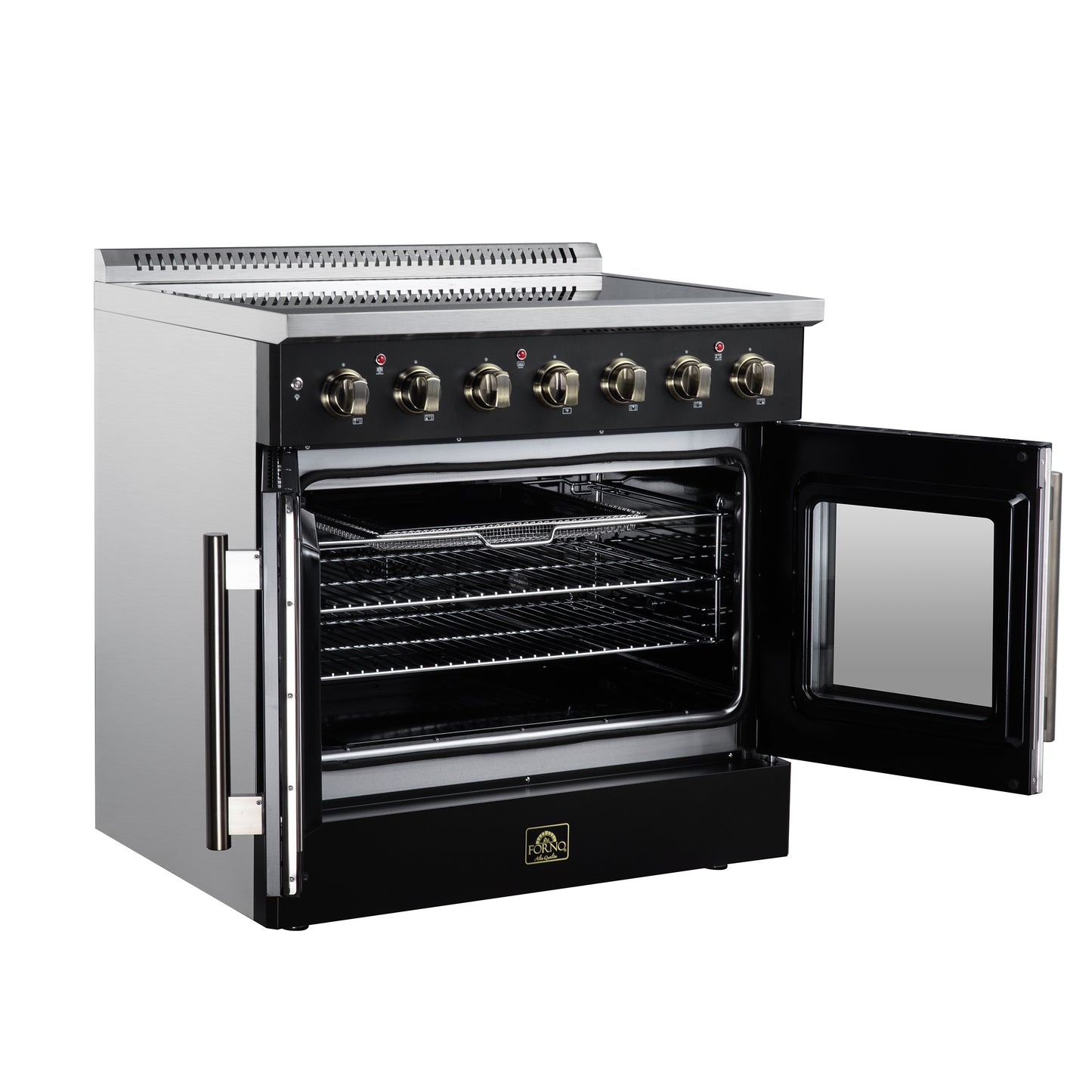 Galiano 36 Inch French Door Electric range, 5 radiant burners, 5.36 cf. True Convection oven, Air fryer kit, Black - Forno Appliances