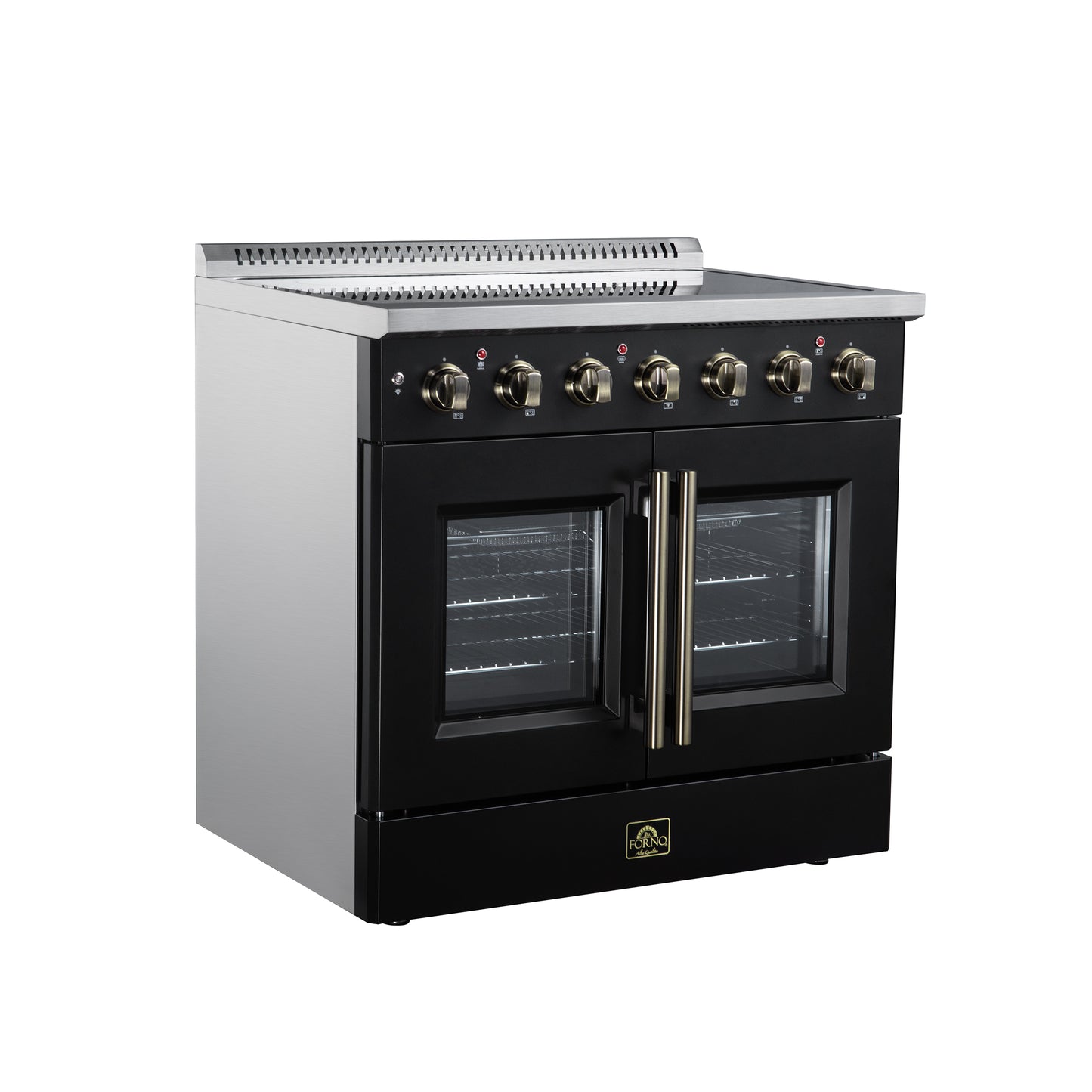 Galiano 36 Inch French Door Electric range, 5 radiant burners, 5.36 cf. True Convection oven, Air fryer kit, Black - Forno Appliances