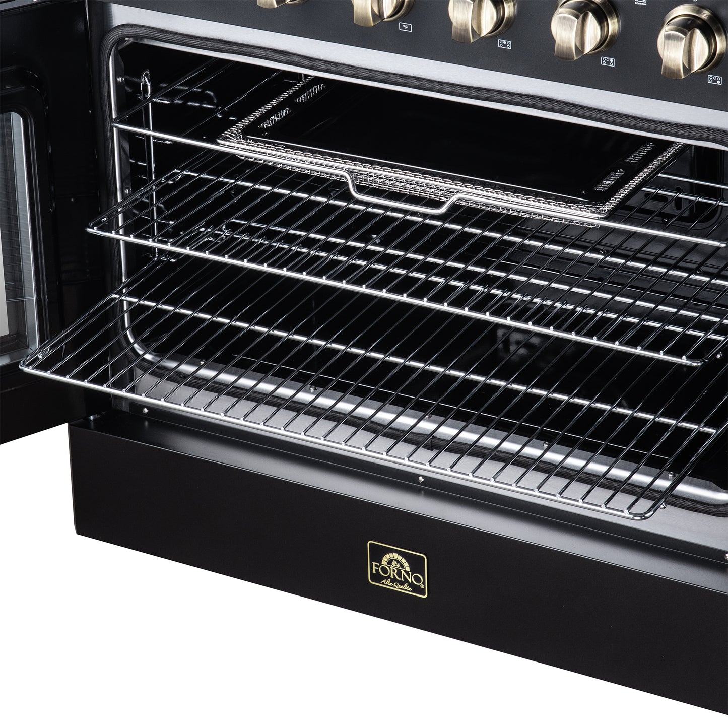Galiano 36 Inch French Door Electric range, 5 radiant burners, 5.36 cf. True Convection oven, Air fryer kit, Black - Forno Appliances