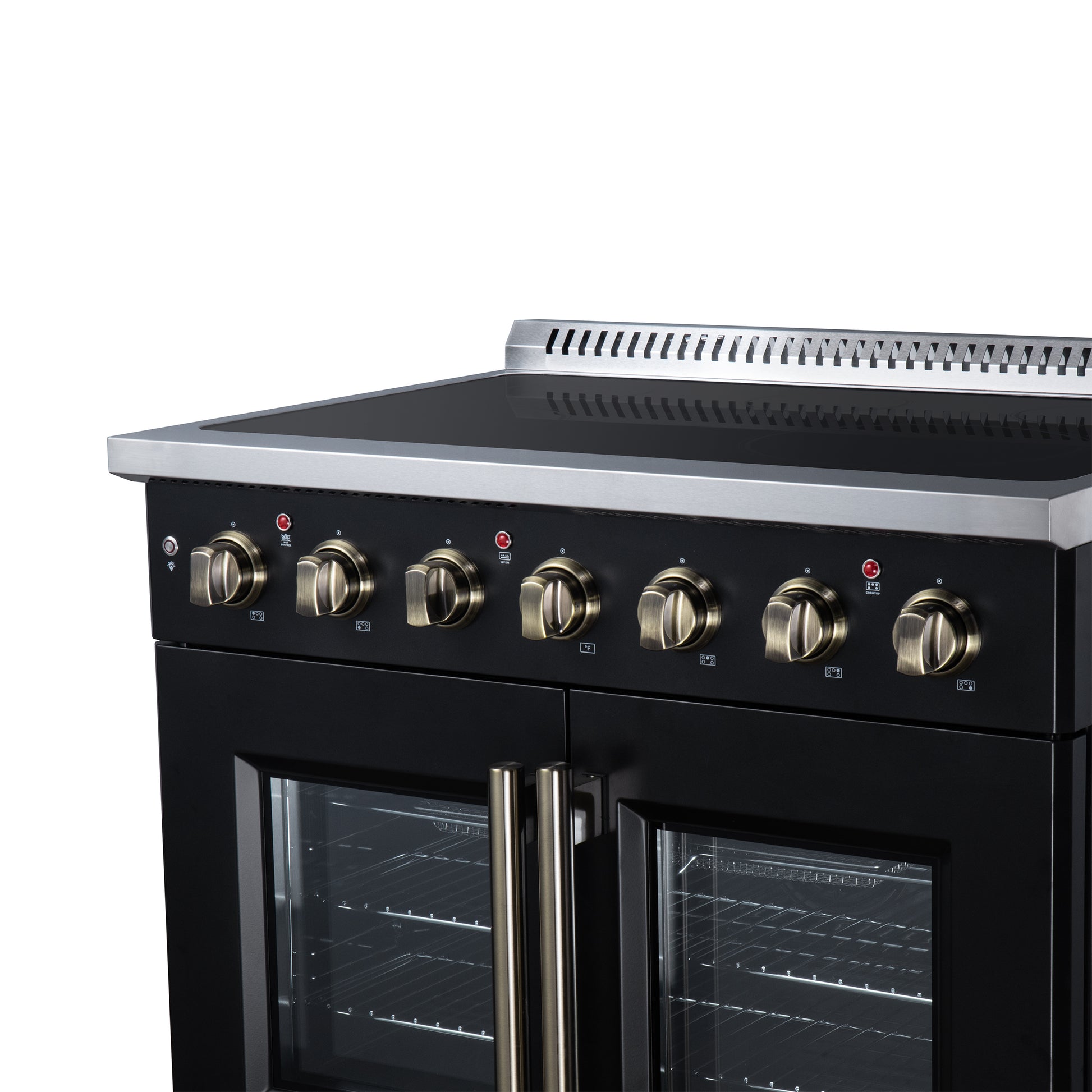 Galiano 36 Inch French Door Electric range, 5 radiant burners, 5.36 cf. True Convection oven, Air fryer kit, Black - Forno Appliances