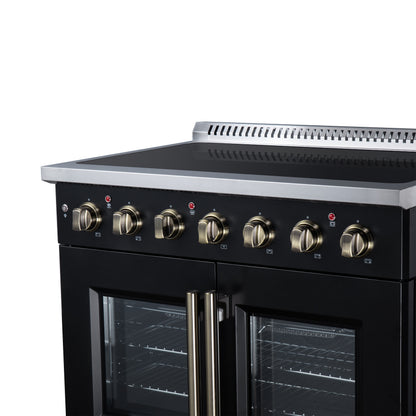 Galiano 36 Inch French Door Electric range, 5 radiant burners, 5.36 cf. True Convection oven, Air fryer kit, Black - Forno Appliances
