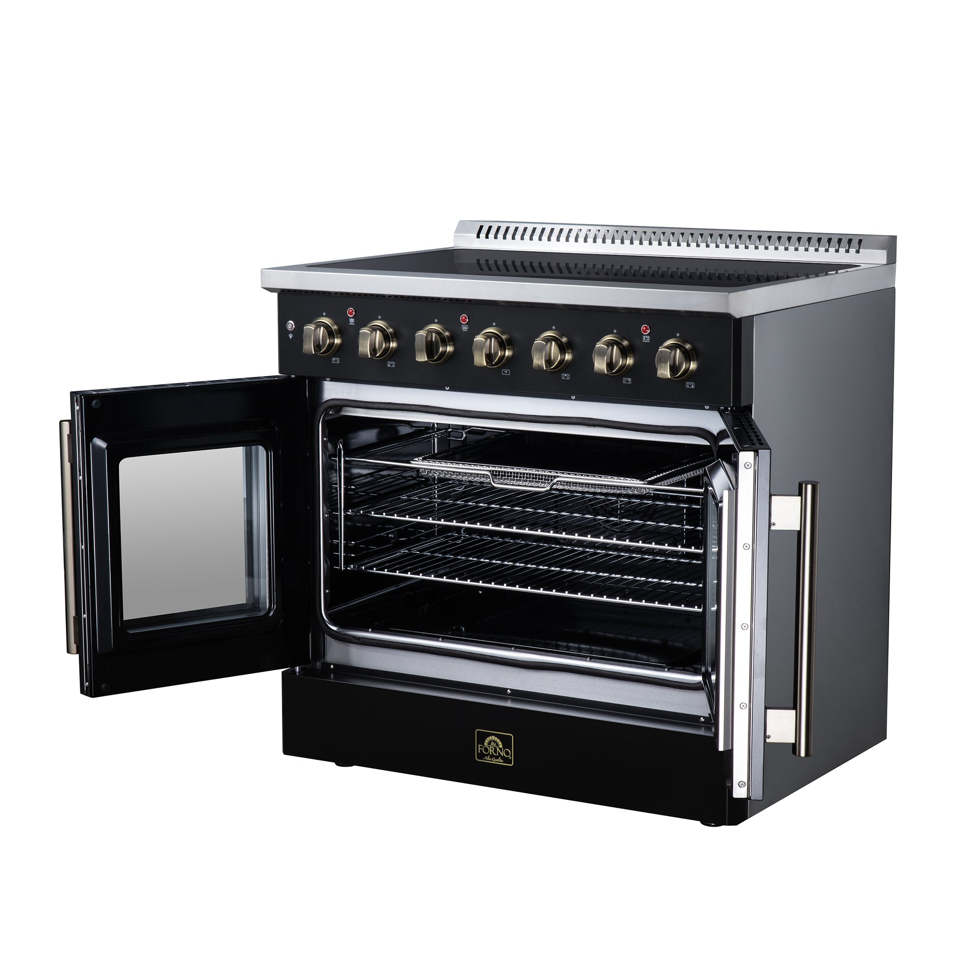 Galiano 36 Inch French Door Electric range, 5 radiant burners, 5.36 cf. True Convection oven, Air fryer kit, Black - Forno Appliances
