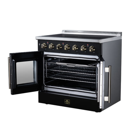 Galiano 36 Inch French Door Electric range, 5 radiant burners, 5.36 cf. True Convection oven, Air fryer kit, Black - Forno Appliances