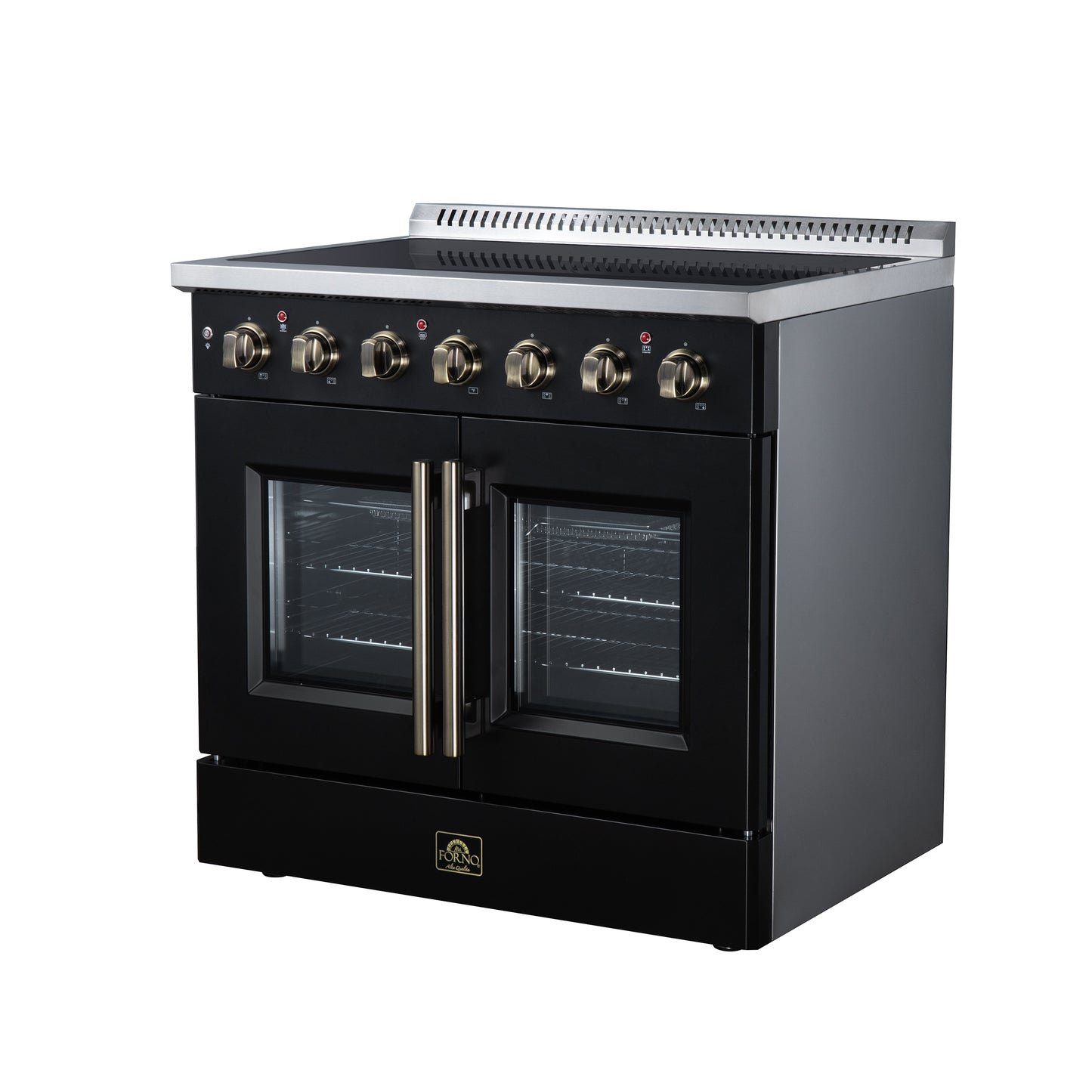 Galiano 36 Inch French Door Electric range, 5 radiant burners, 5.36 cf. True Convection oven, Air fryer kit, Black - Forno Appliances