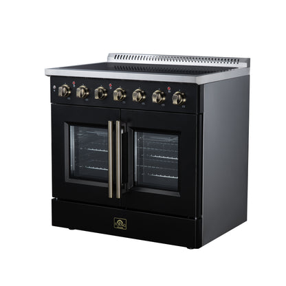 Galiano 36 Inch French Door Electric range, 5 radiant burners, 5.36 cf. True Convection oven, Air fryer kit, Black - Forno Appliances