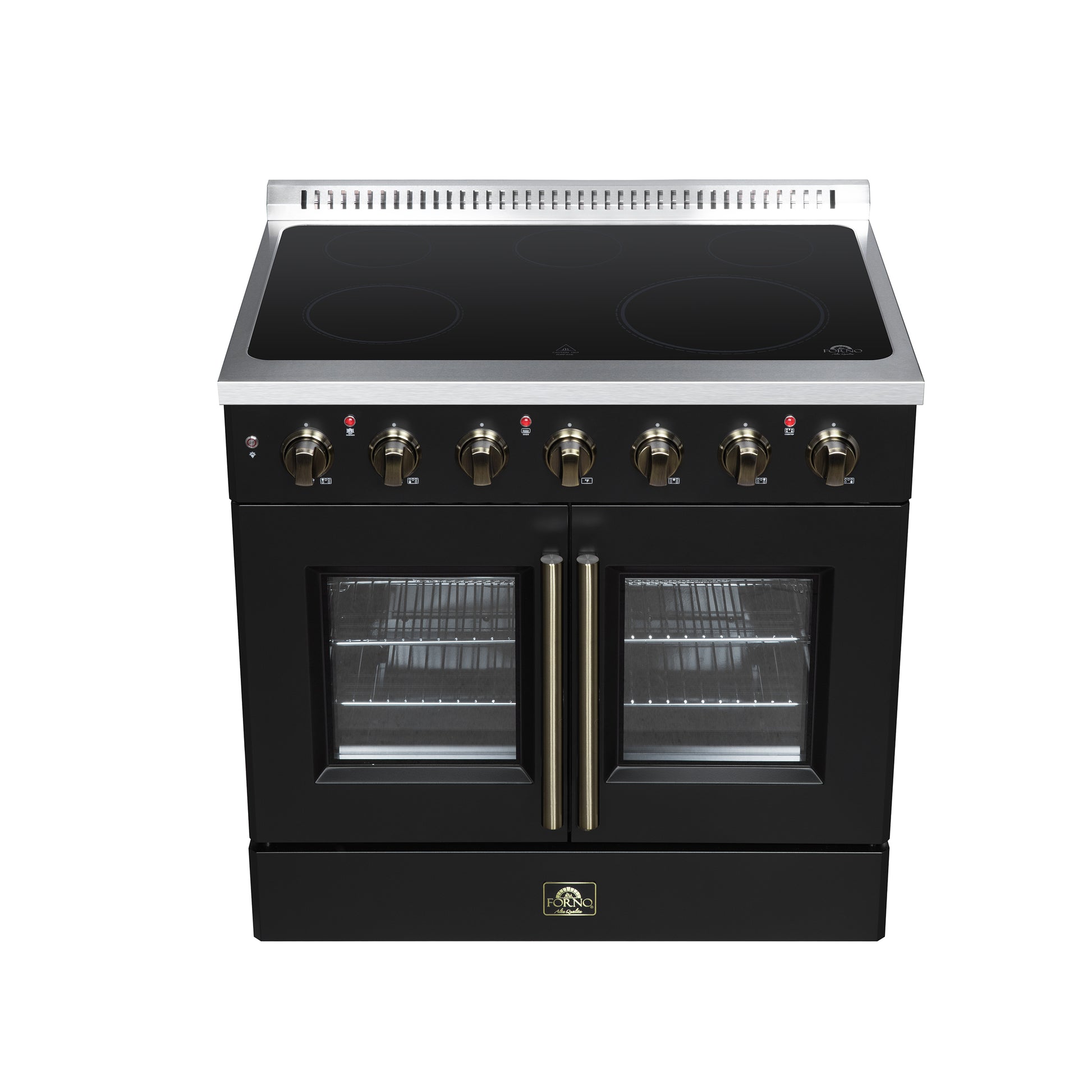 Galiano 36 Inch French Door Electric range, 5 radiant burners, 5.36 cf. True Convection oven, Air fryer kit, Black - Forno Appliances