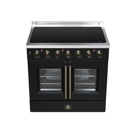 Galiano 36 Inch French Door Electric range, 5 radiant burners, 5.36 cf. True Convection oven, Air fryer kit, Black - Forno Appliances