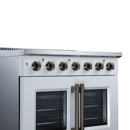 Galiano 36 Inch French Door Electric range, 5 radiant burners, 5.36 cf. True Convection oven, Air fryer kit, White - Forno Appliances