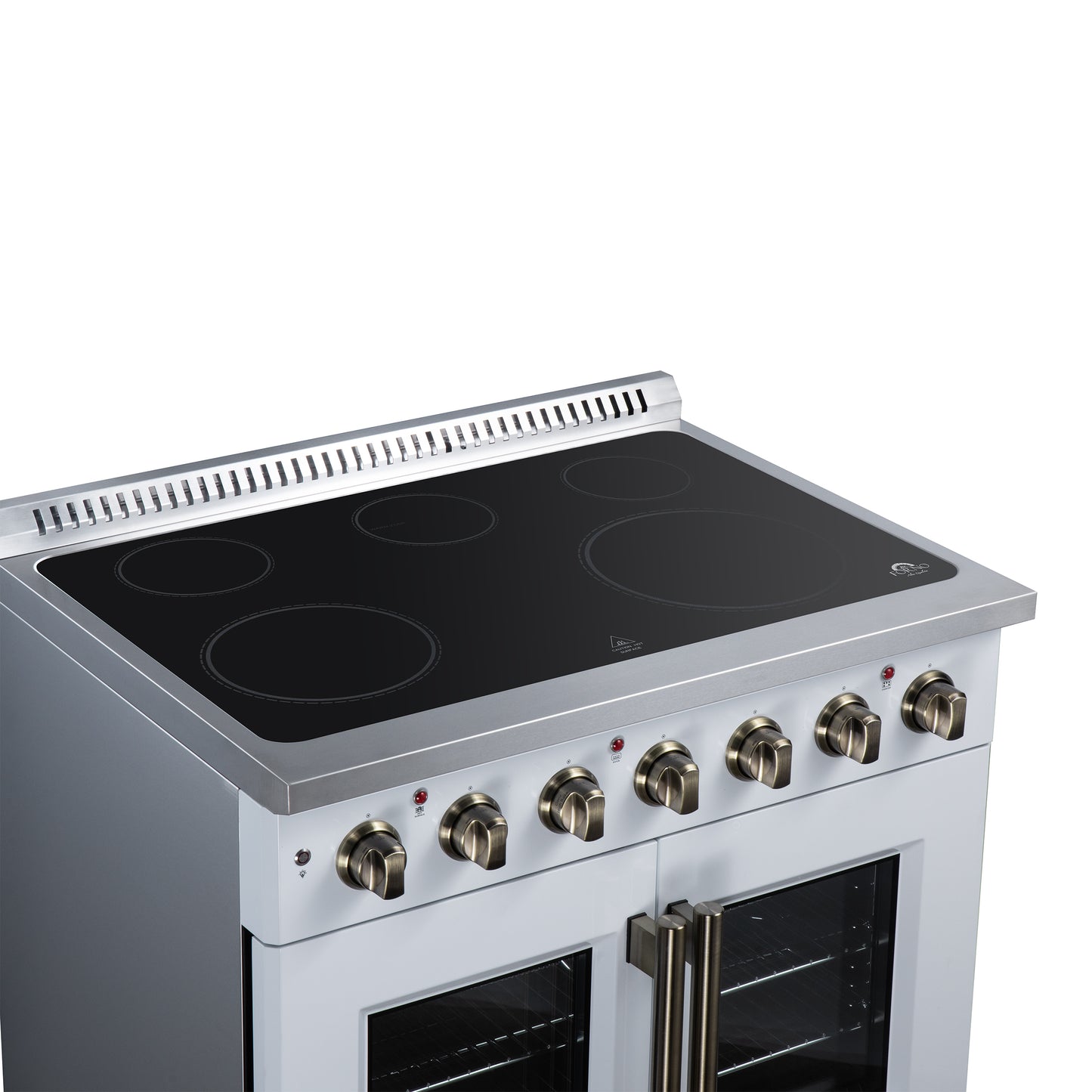 Galiano 36 Inch French Door Electric range, 5 radiant burners, 5.36 cf. True Convection oven, Air fryer kit, White - Forno Appliances