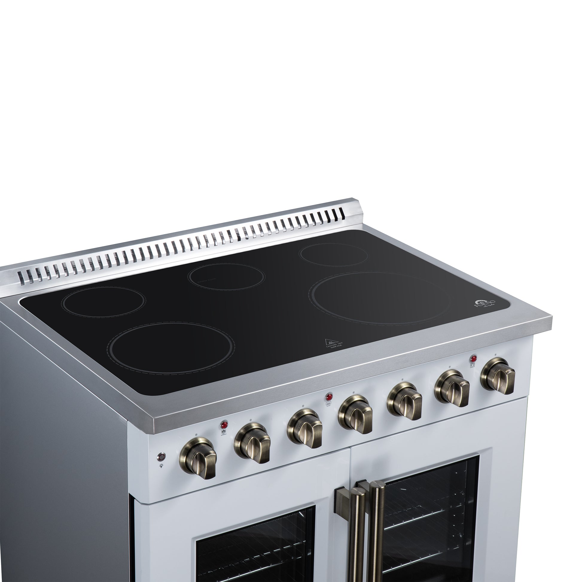 Galiano 36 Inch French Door Electric range, 5 radiant burners, 5.36 cf. True Convection oven, Air fryer kit, White - Forno Appliances