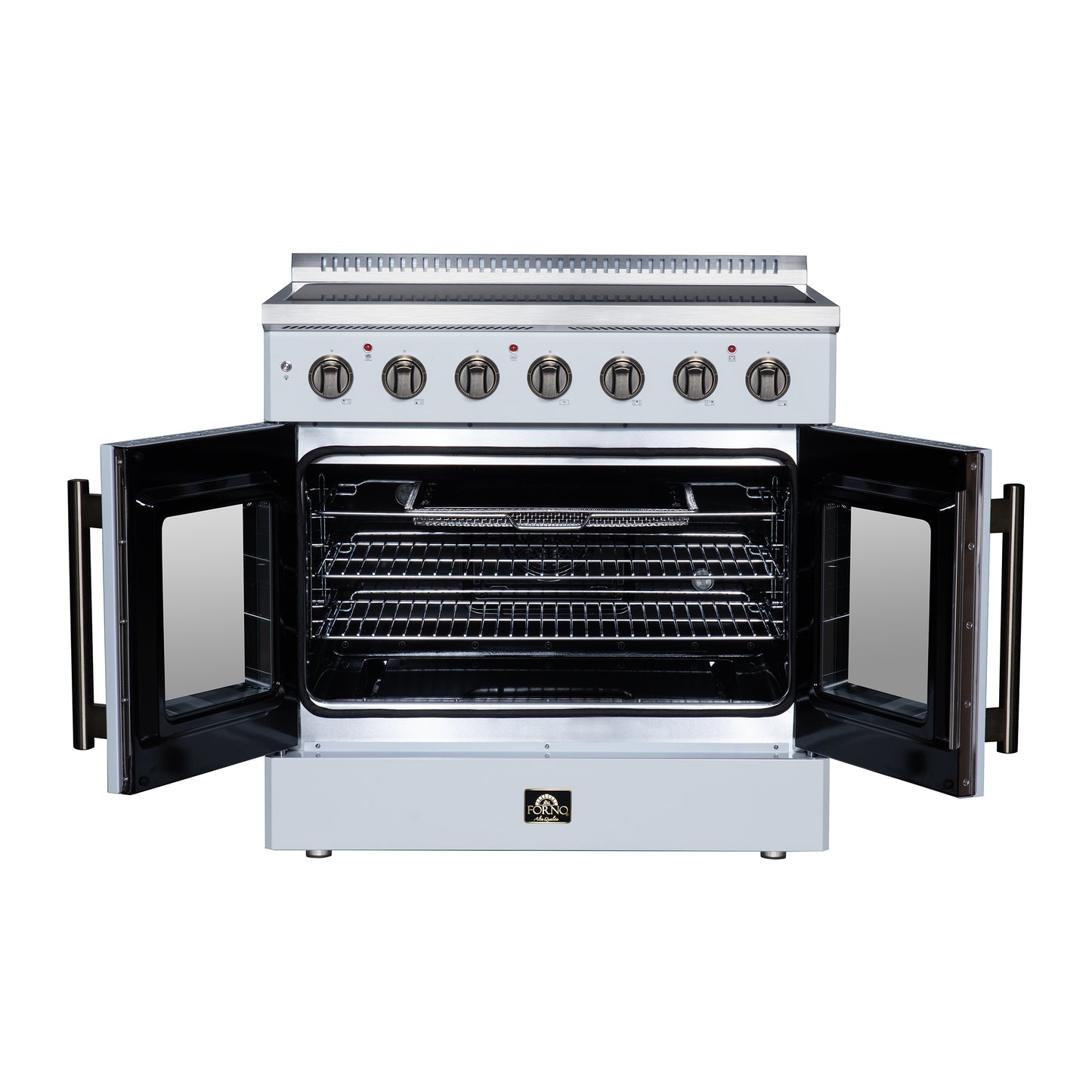 Galiano 36 Inch French Door Electric range, 5 radiant burners, 5.36 cf. True Convection oven, Air fryer kit, White - Forno Appliances