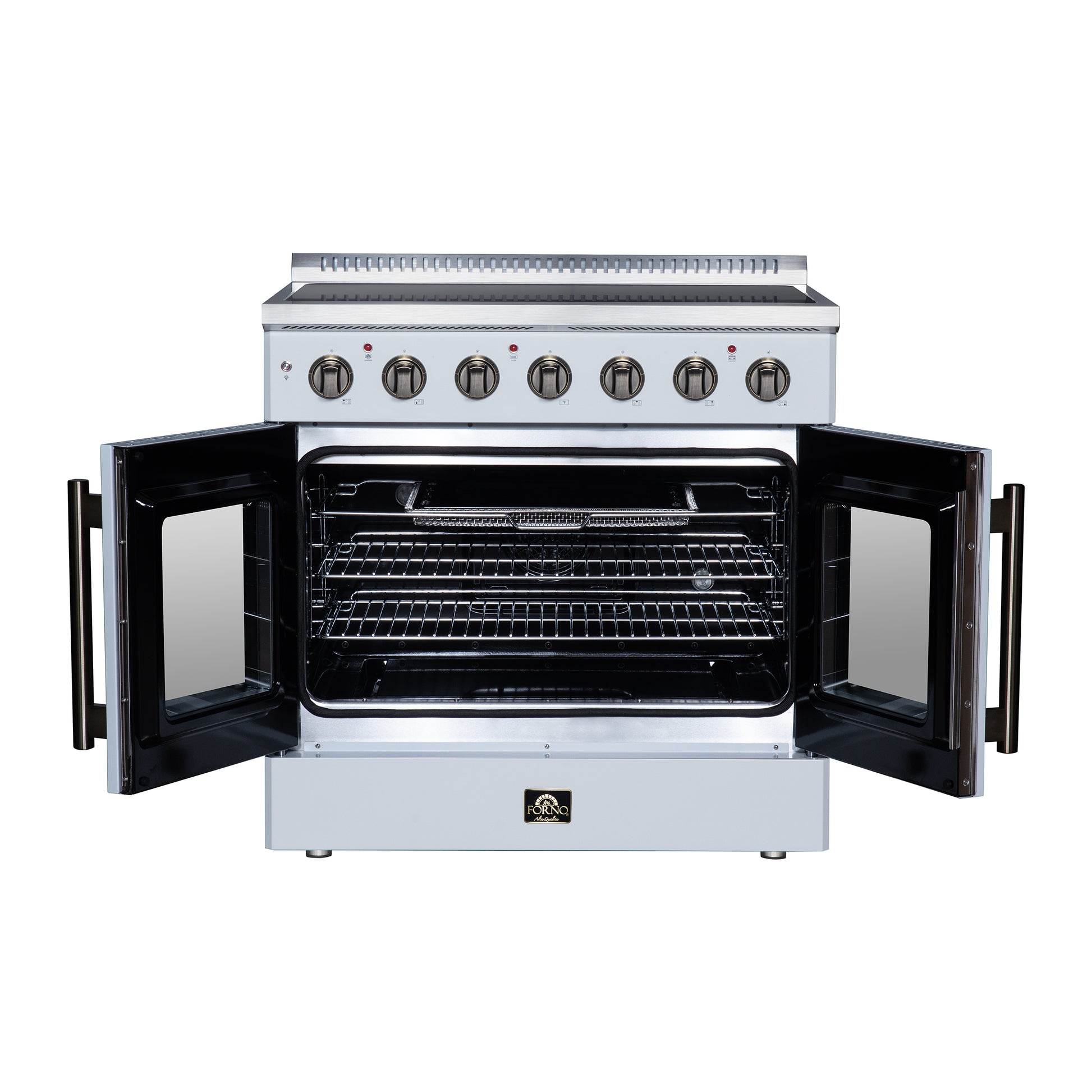 Galiano 36 Inch French Door Electric range, 5 radiant burners, 5.36 cf. True Convection oven, Air fryer kit, White - Forno Appliances