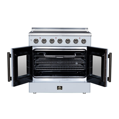 Galiano 36 Inch French Door Electric range, 5 radiant burners, 5.36 cf. True Convection oven, Air fryer kit, White - Forno Appliances