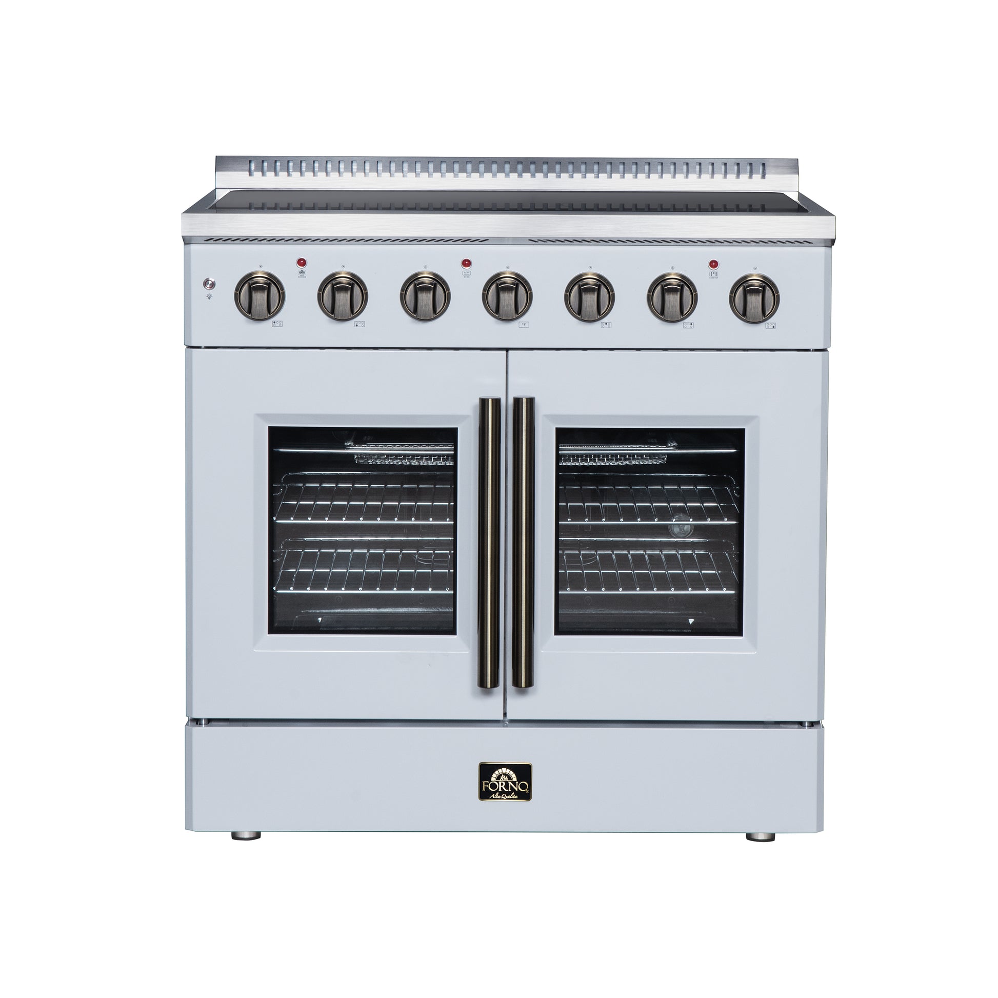 Galiano 36 Inch French Door Electric range, 5 radiant burners, 5.36 cf. True Convection oven, Air fryer kit, White - Forno Appliances
