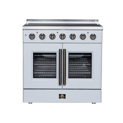 Galiano 36 Inch French Door Electric range, 5 radiant burners, 5.36 cf. True Convection oven, Air fryer kit, White - Forno Appliances