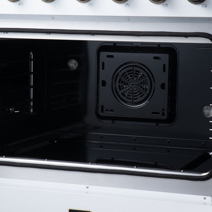 Galiano 36 Inch French Door Electric range, 5 radiant burners, 5.36 cf. True Convection oven, Air fryer kit, White - Forno Appliances