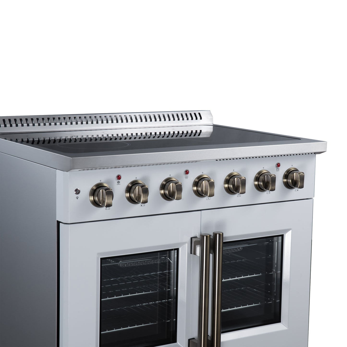 Galiano 36 Inch French Door Electric range, 5 radiant burners, 5.36 cf. True Convection oven, Air fryer kit, White - Forno Appliances