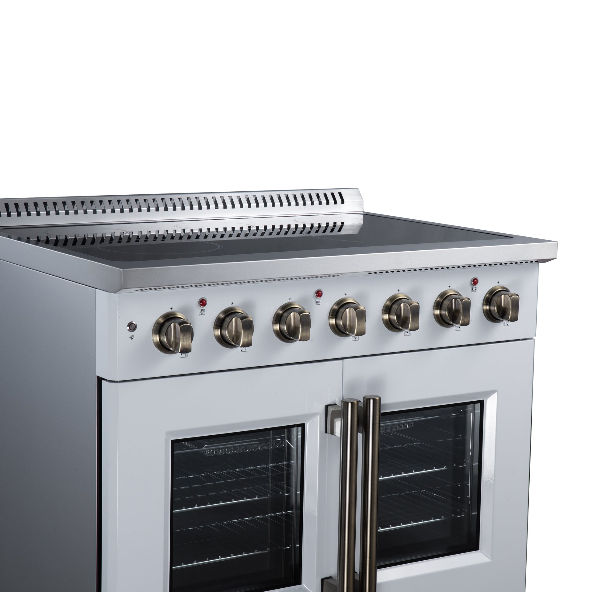 Galiano 36 Inch French Door Electric range, 5 radiant burners, 5.36 cf. True Convection oven, Air fryer kit, White - Forno Appliances