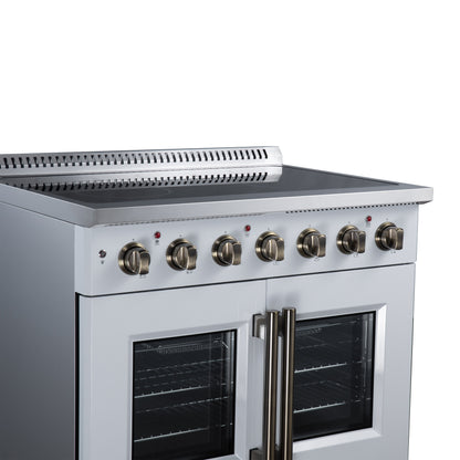 Galiano 36 Inch French Door Electric range, 5 radiant burners, 5.36 cf. True Convection oven, Air fryer kit, White - Forno Appliances