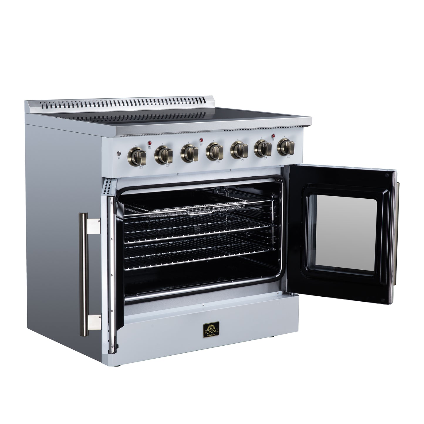 Galiano 36 Inch French Door Electric range, 5 radiant burners, 5.36 cf. True Convection oven, Air fryer kit, White - Forno Appliances