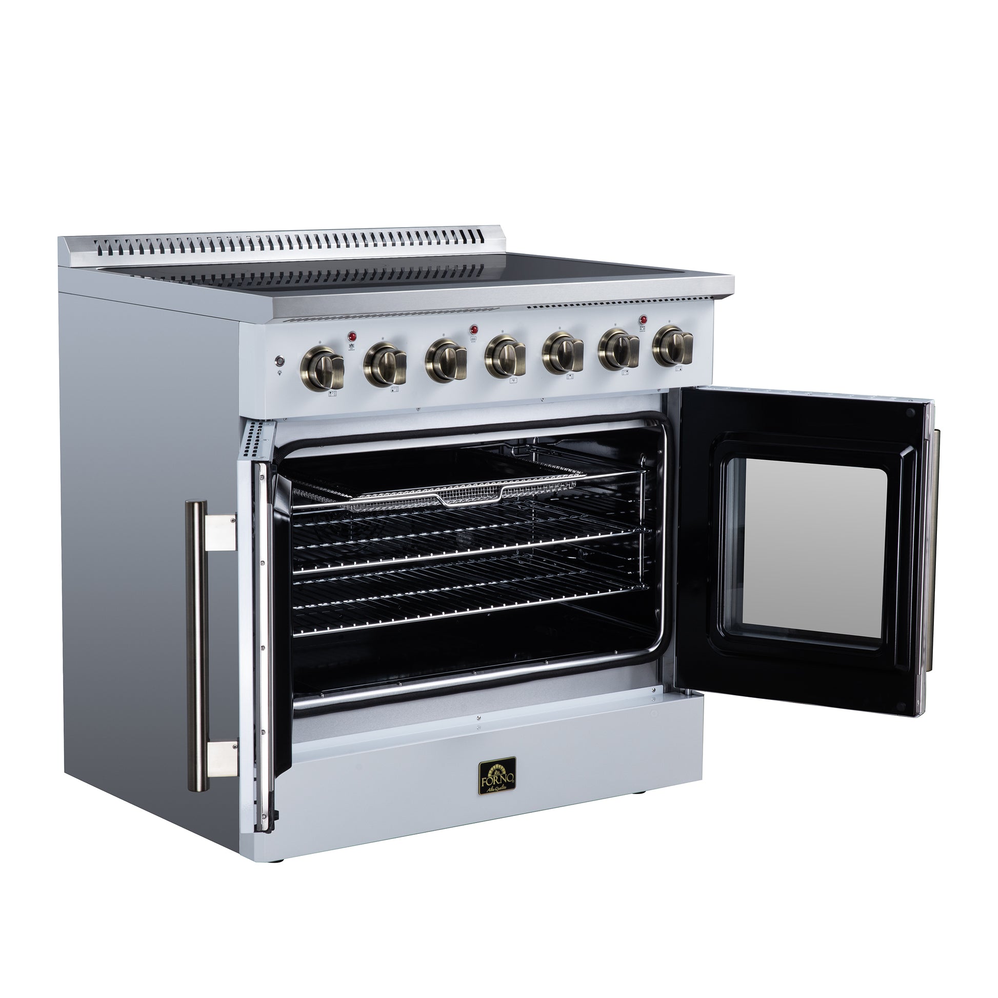 Galiano 36 Inch French Door Electric range, 5 radiant burners, 5.36 cf. True Convection oven, Air fryer kit, White - Forno Appliances