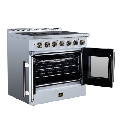 Galiano 36 Inch French Door Electric range, 5 radiant burners, 5.36 cf. True Convection oven, Air fryer kit, White - Forno Appliances
