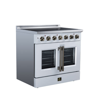Galiano 36 Inch French Door Electric range, 5 radiant burners, 5.36 cf. True Convection oven, Air fryer kit, White - Forno Appliances