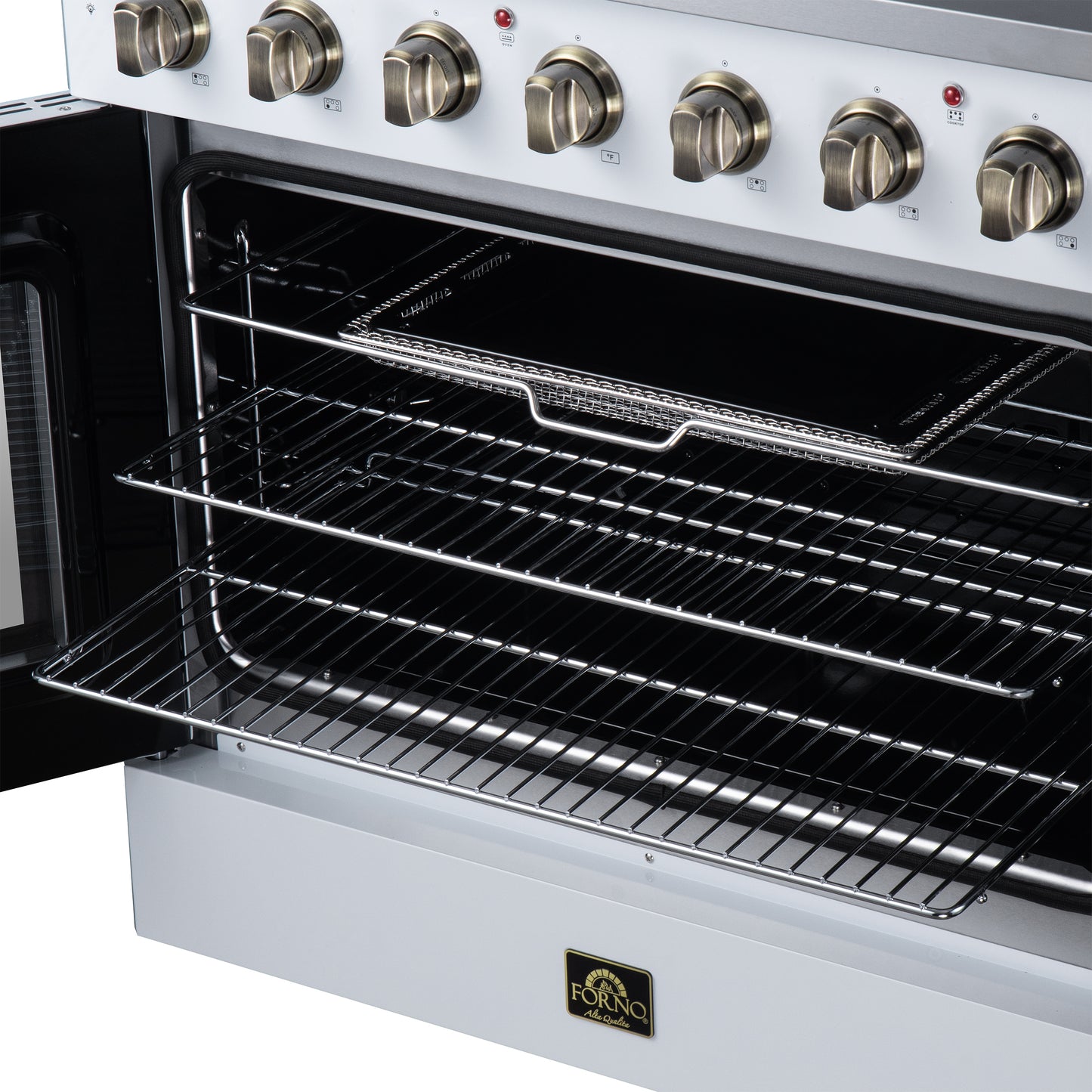 Galiano 36 Inch French Door Electric range, 5 radiant burners, 5.36 cf. True Convection oven, Air fryer kit, White - Forno Appliances