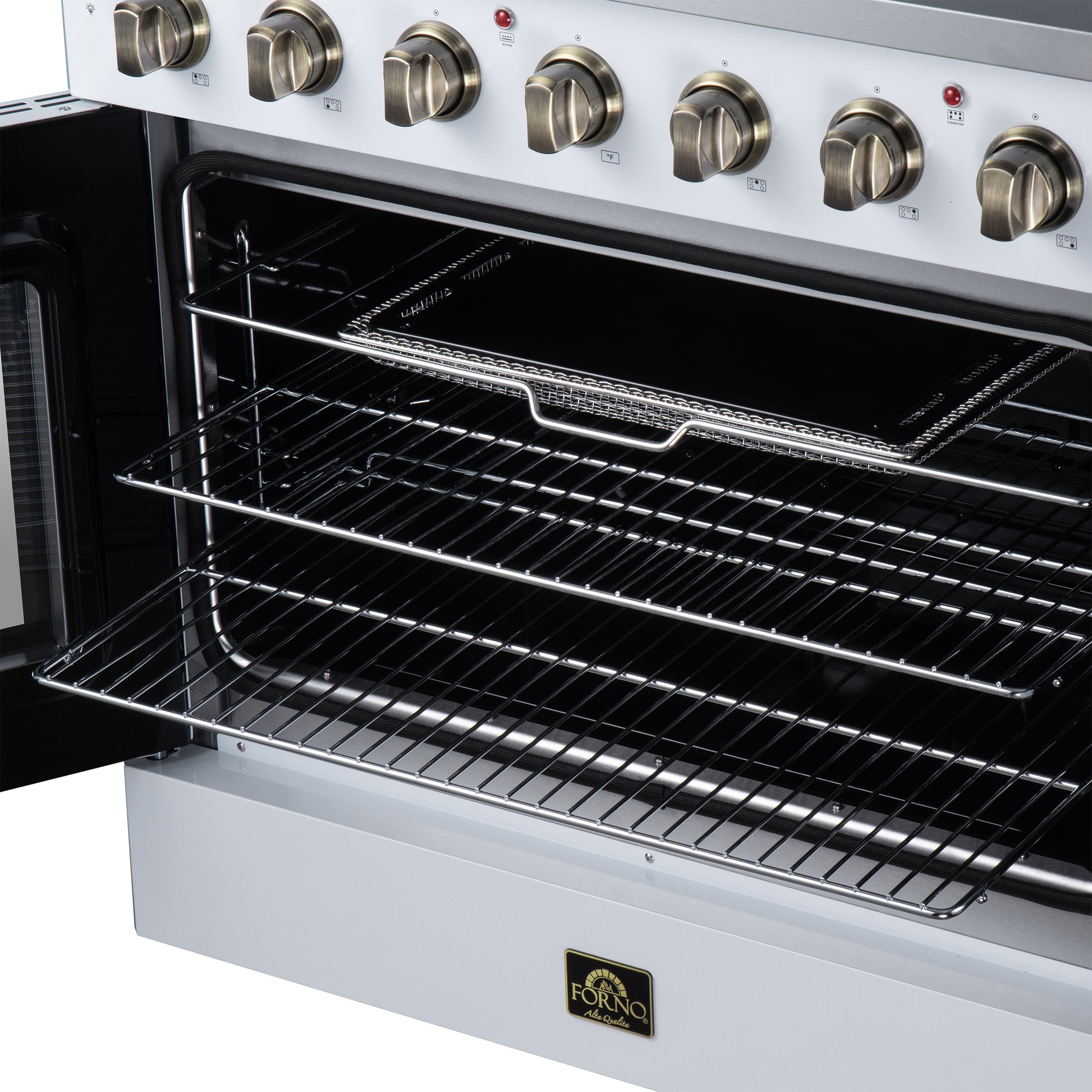 Galiano 36 Inch French Door Electric range, 5 radiant burners, 5.36 cf. True Convection oven, Air fryer kit, White - Forno Appliances