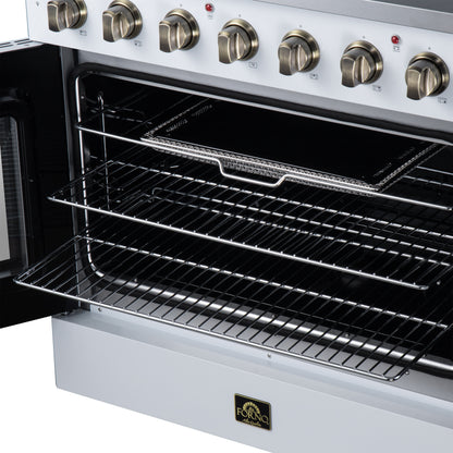 Galiano 36 Inch French Door Electric range, 5 radiant burners, 5.36 cf. True Convection oven, Air fryer kit, White - Forno Appliances