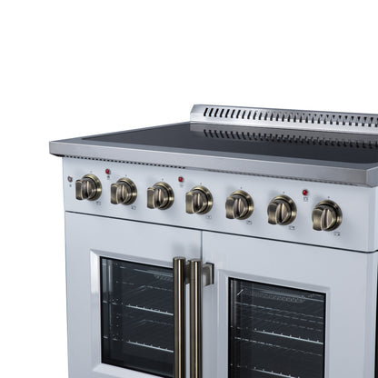 Galiano 36 Inch French Door Electric range, 5 radiant burners, 5.36 cf. True Convection oven, Air fryer kit, White - Forno Appliances