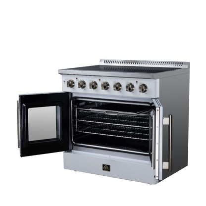 Galiano 36 Inch French Door Electric range, 5 radiant burners, 5.36 cf. True Convection oven, Air fryer kit, White - Forno Appliances