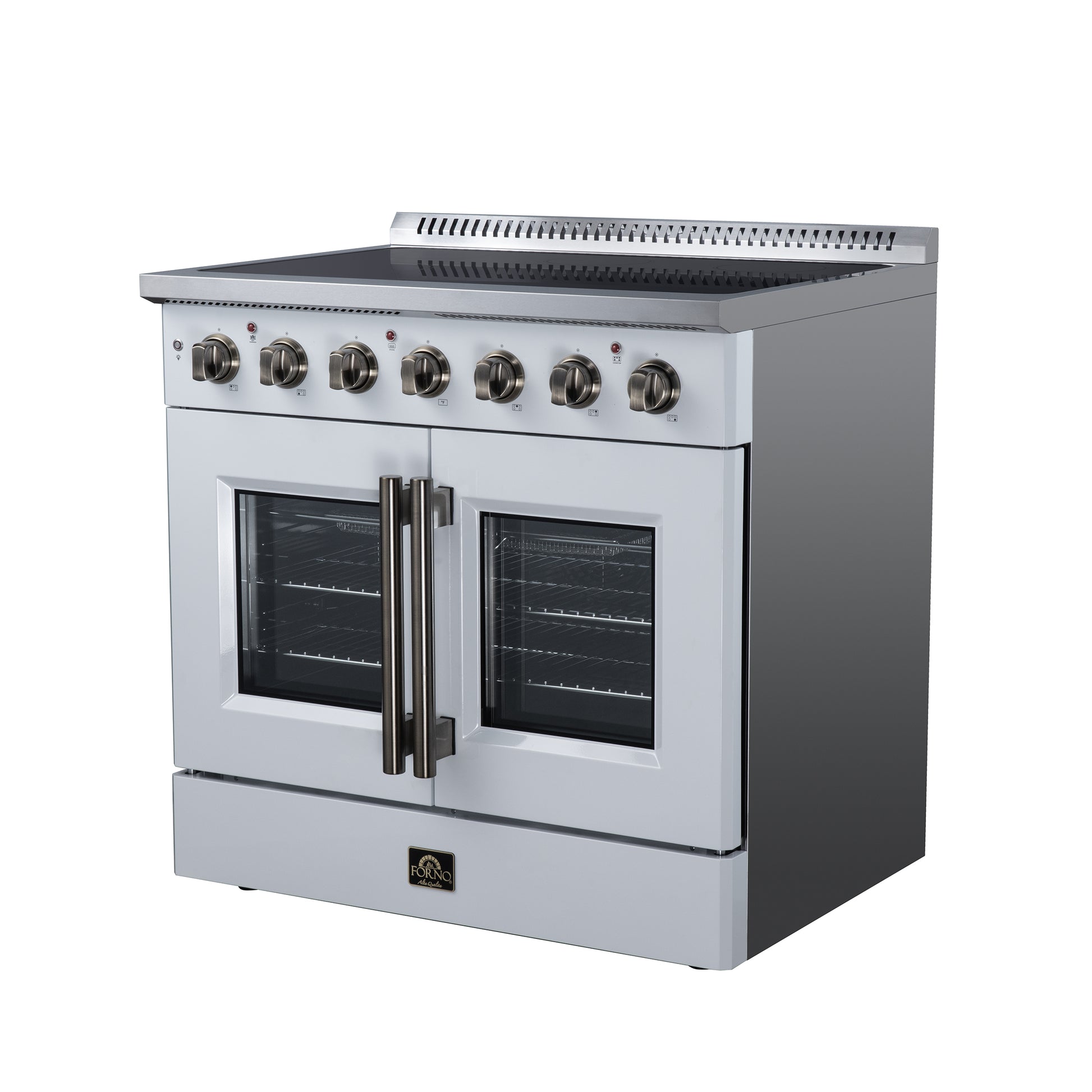 Galiano 36 Inch French Door Electric range, 5 radiant burners, 5.36 cf. True Convection oven, Air fryer kit, White - Forno Appliances