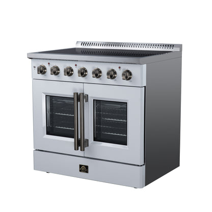 Galiano 36 Inch French Door Electric range, 5 radiant burners, 5.36 cf. True Convection oven, Air fryer kit, White - Forno Appliances