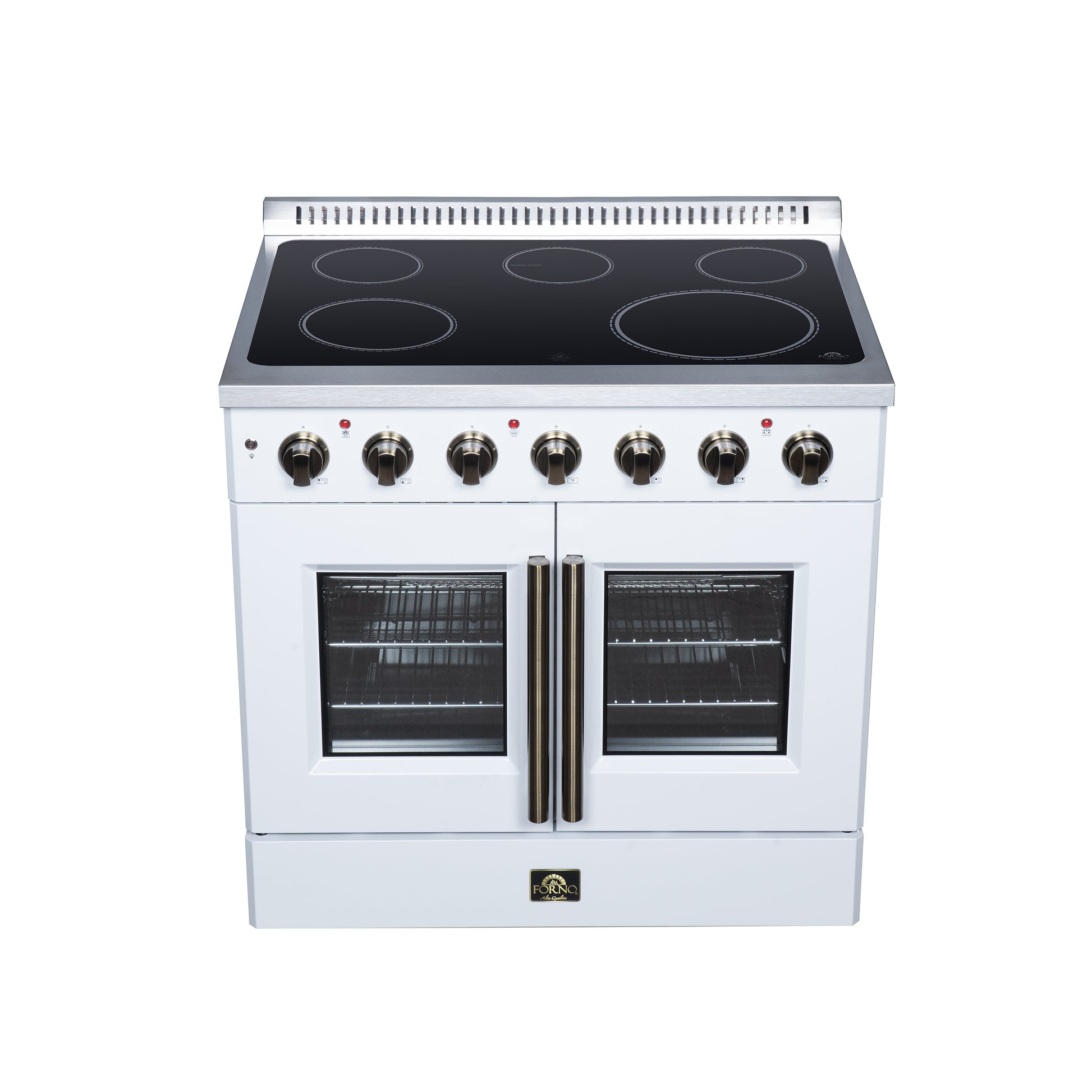 Galiano 36 Inch French Door Electric range, 5 radiant burners, 5.36 cf. True Convection oven, Air fryer kit, White - Forno Appliances