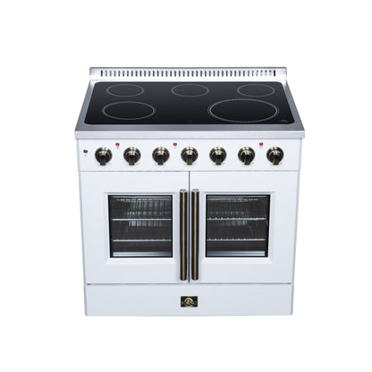 Galiano 36 Inch French Door Electric range, 5 radiant burners, 5.36 cf. True Convection oven, Air fryer kit, White - Forno Appliances