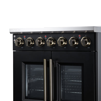 Cuisinière électrique à portes françaises Massimo 30 po, 5 brûleurs radiants, four à vraie convection de 4,32 pi³, kit de friteuse à air, noir - Forno Appliances
