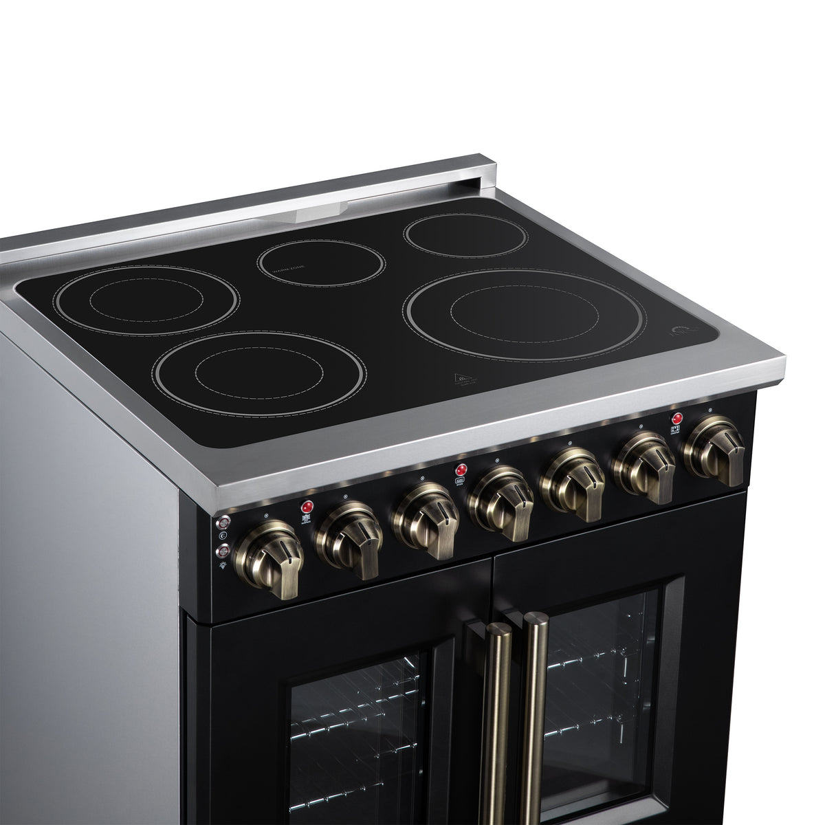 Cuisinière électrique à portes françaises Massimo 30 po, 5 brûleurs radiants, four à vraie convection de 4,32 pi³, kit de friteuse à air, noir - Forno Appliances