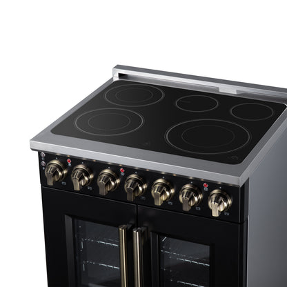 Cuisinière électrique à portes françaises Massimo 30 po, 5 brûleurs radiants, four à vraie convection de 4,32 pi³, kit de friteuse à air, noir - Forno Appliances