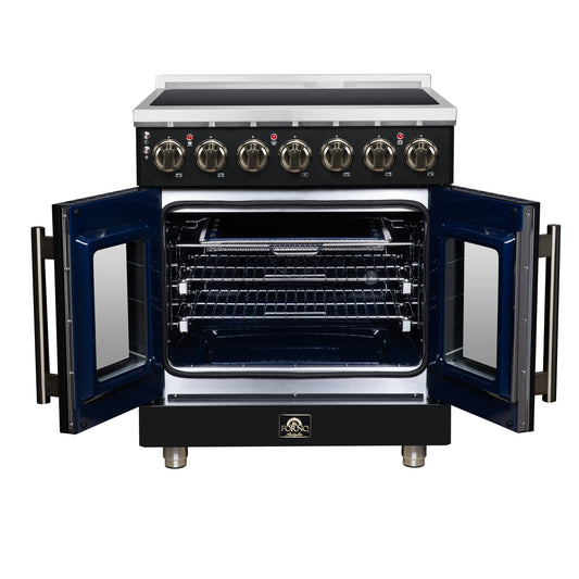 Cuisinière électrique à portes françaises Massimo 30 po, 5 brûleurs radiants, four à vraie convection de 4,32 pi³, kit de friteuse à air, noir - Forno Appliances
