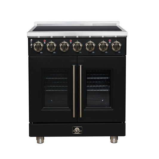 Cuisinière électrique à portes françaises Massimo 30 po, 5 brûleurs radiants, four à vraie convection de 4,32 pi³, kit de friteuse à air, noir - Forno Appliances